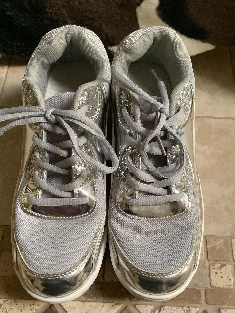Womens Silver Metallic Platform Sneakers with Glitter Accents